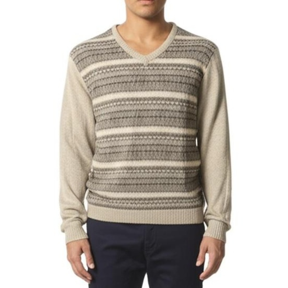 Alan Flusser Mens XL Pullover Sweater Grey Fair Isle V-Neck Classic Cozy New
